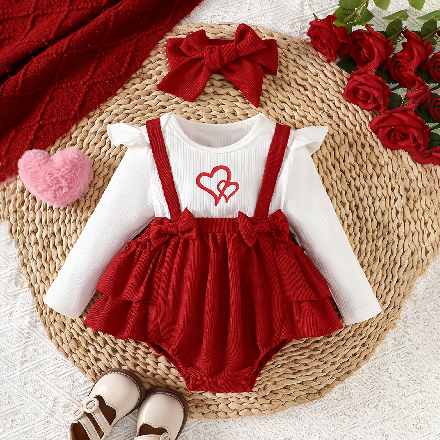 3PCS Grace Heart Printed Long Sleeve Overalls Baby Set