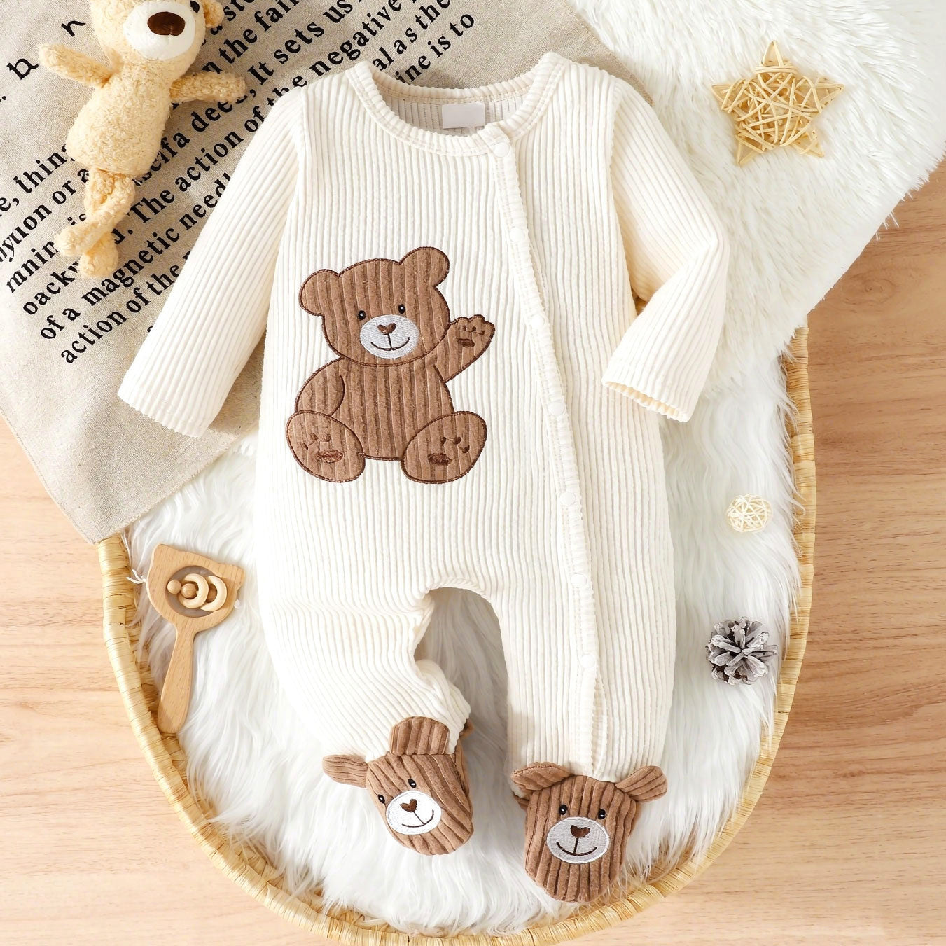 Lovely Bear Embroidered Knit Long Sleeve Baby Jumpsuit