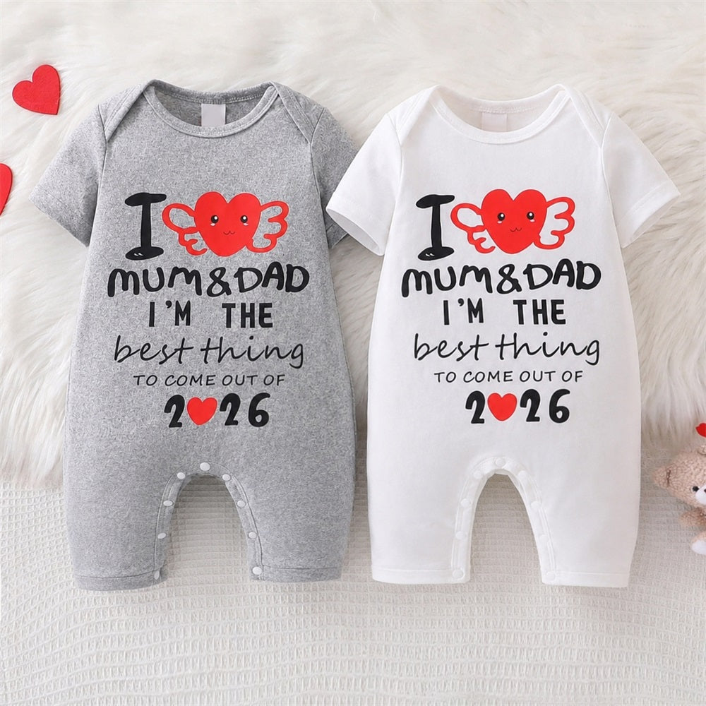 I Love Mom & Dad Letter Printed Short Sleeve Baby Jumpsuit
