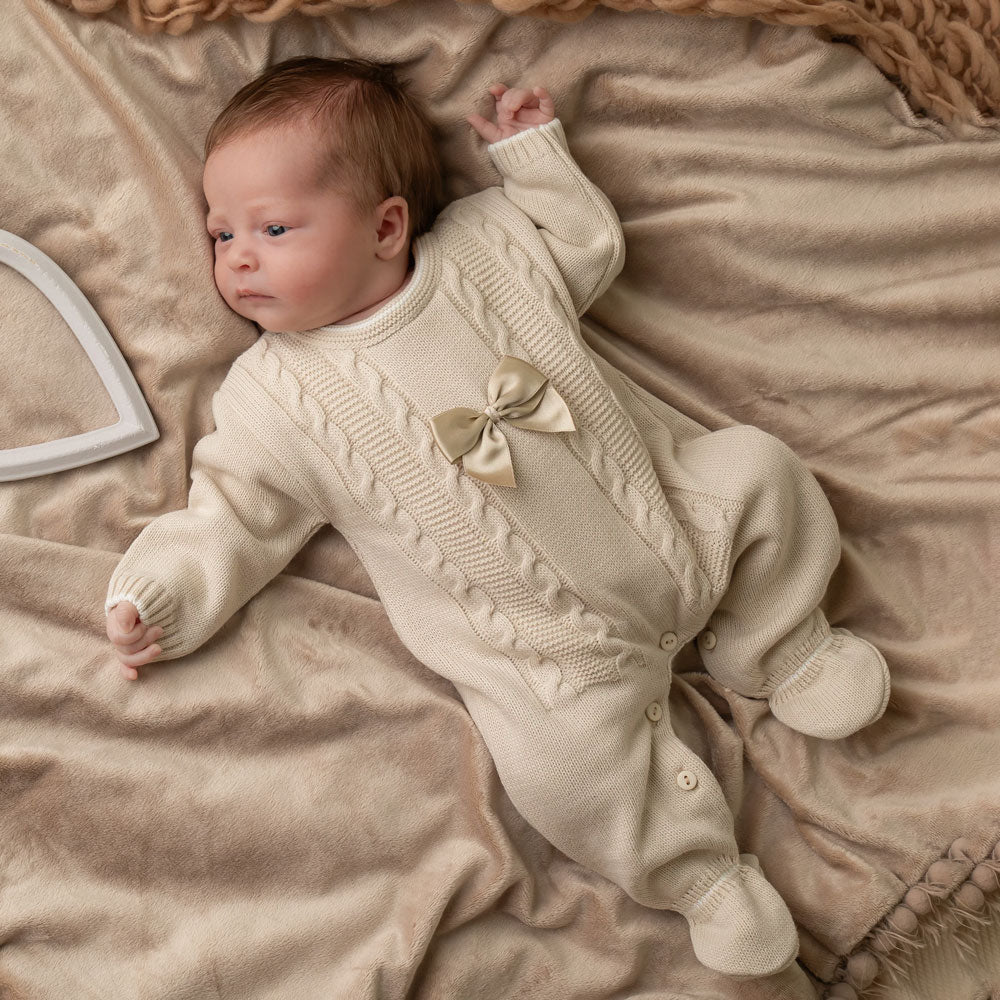 Pure Knit Solid Color Bowknot Decor Long Sleeve Baby Jumpsuit