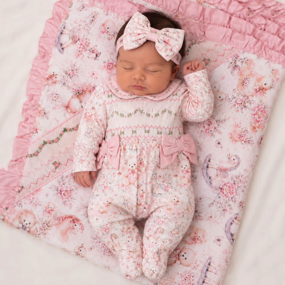 2PCS Sweet Teddy Bear Floral Print Bow Long Sleeve Baby Jumpsuit