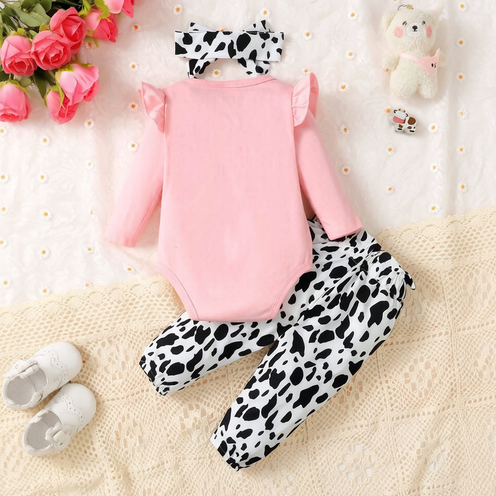 3PCS Mama's Baby Letter Cow Printed Long Sleeve Baby Set