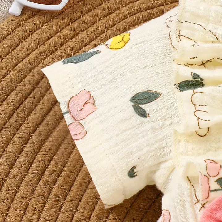2PCS Lovely Cat Floral Print Short Sleeve Baby Girl Jumpsuit