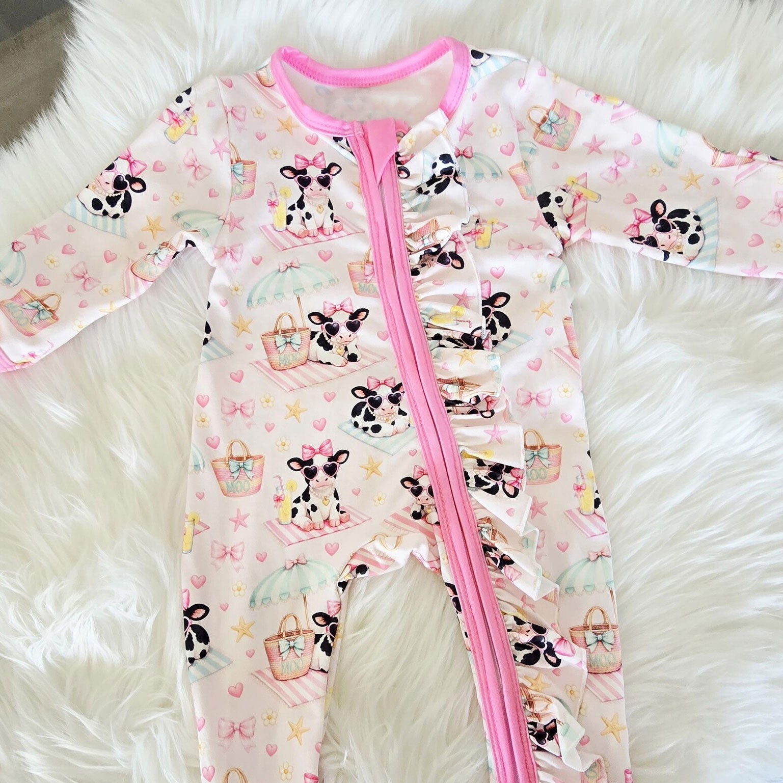 2PCS Cute Cow Printed Ruffle Zipper Long Sleeve Baby Jumpsuit
