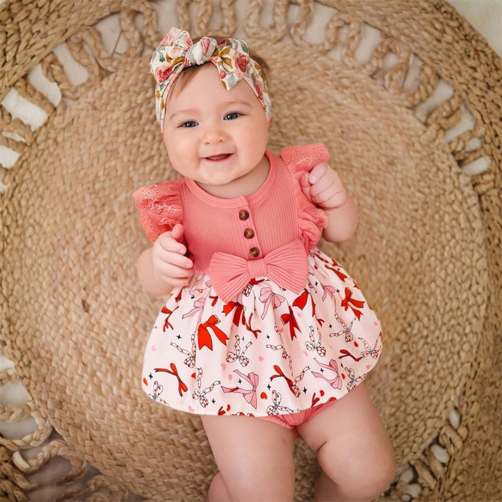 2PCS Cute Bow Printed Fly Sleeve Baby Romper