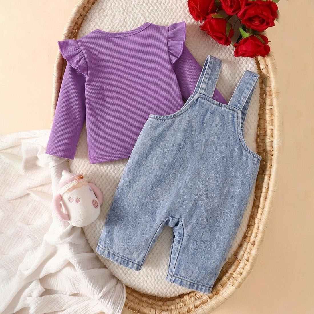 2PCS Charming Floral Applique Long Sleeve Baby Denim Overalls Set