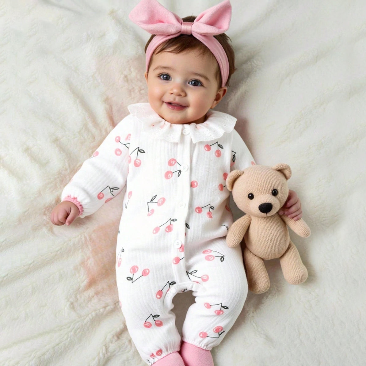 Cute Cherry Print Lace Collar Long Sleeve Baby Jumpsuit