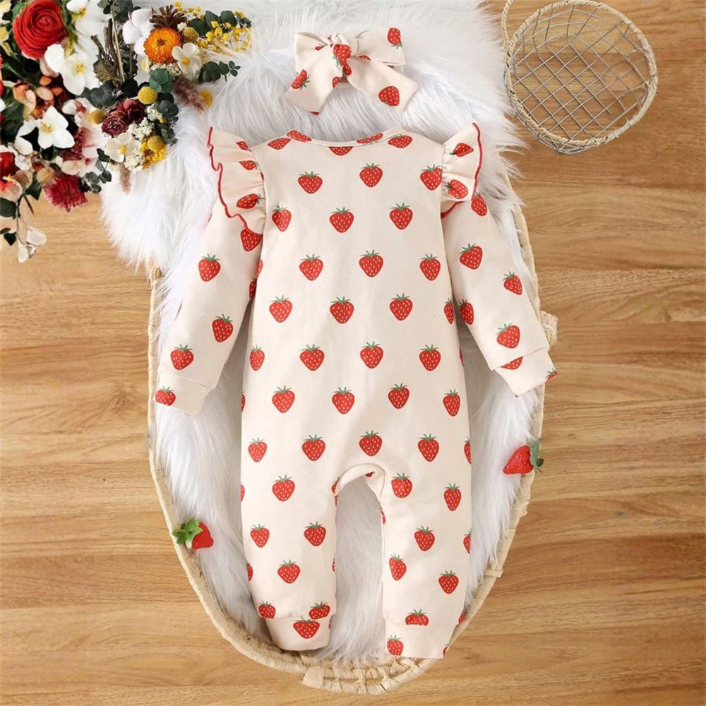 2PCS Cute Strawberry Printed Long Sleeve Baby Jumpsuit