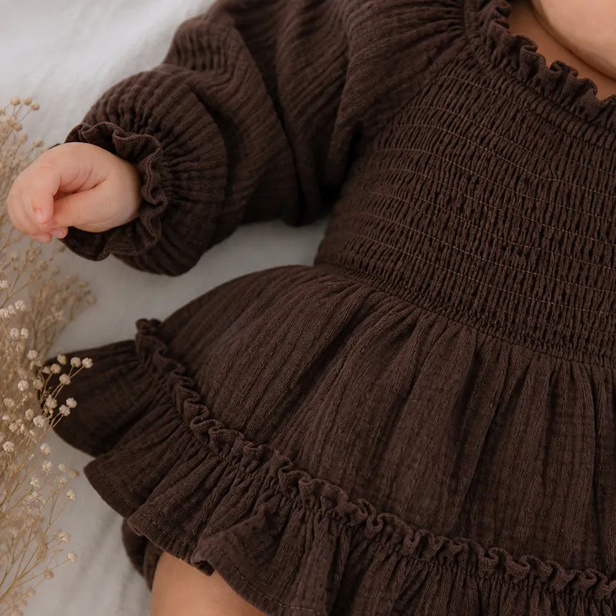 2PCS Casual Baby Girl Solid Color Ruffle Long Sleeve Romper