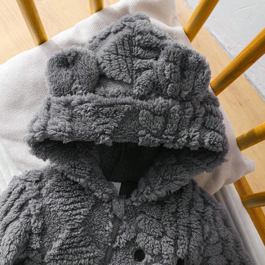 Warm Bear Print Plush Long Sleeve Baby Hooded Jumpsuit