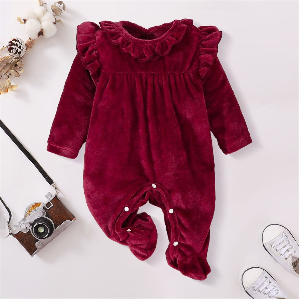 Adorable Solid Color Velvet Long Sleeve Baby Jumpsuit