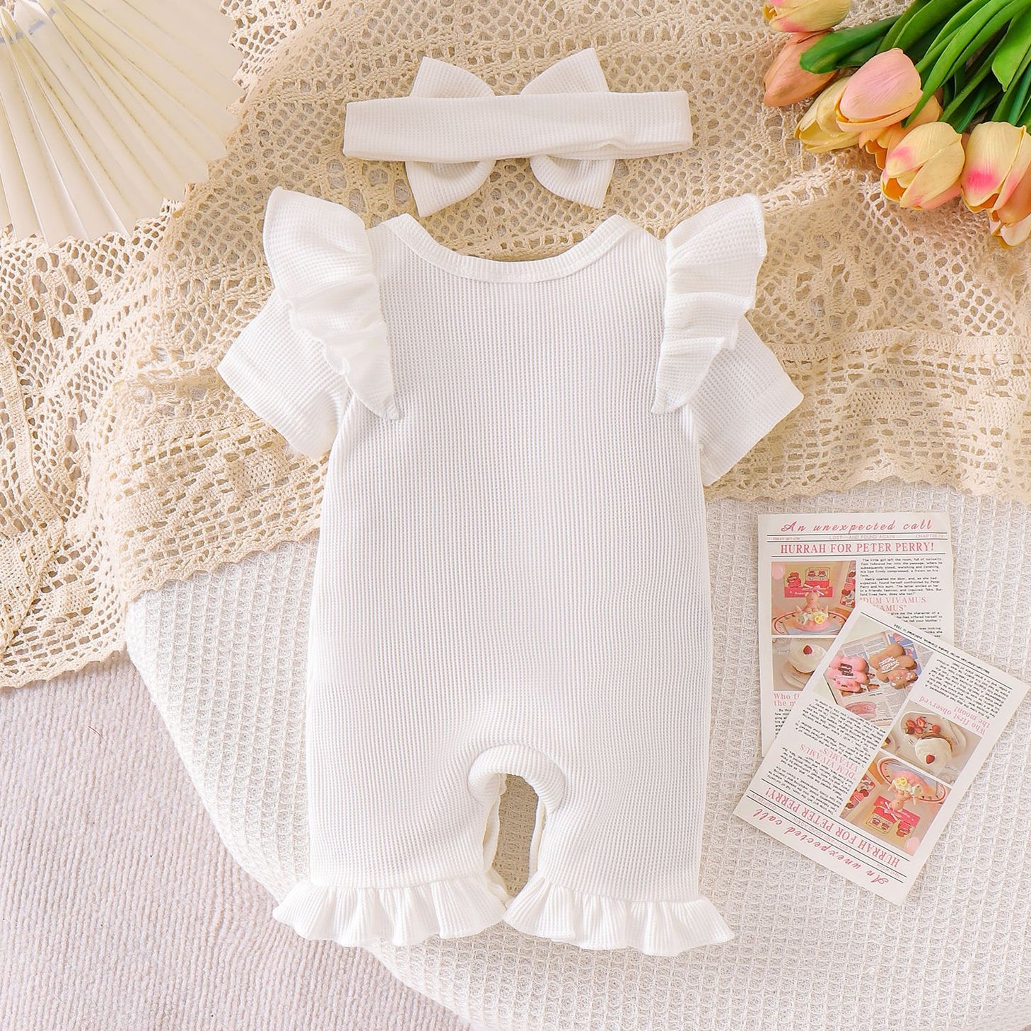 2PCS Lis Sister Letter Floral Appliqué Short Sleeve Baby Jumpsuit