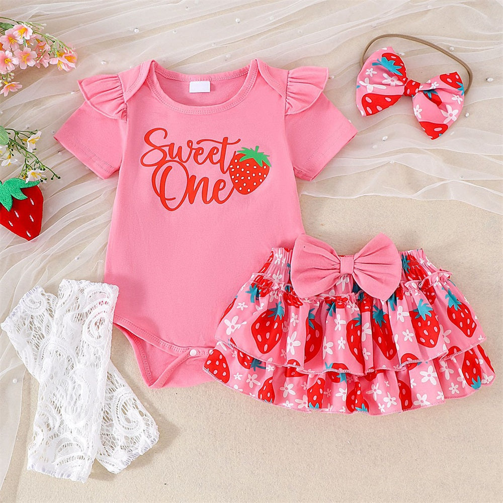 4PCS Sweet One Letter Strawberry Print Short Sleeve Baby Set