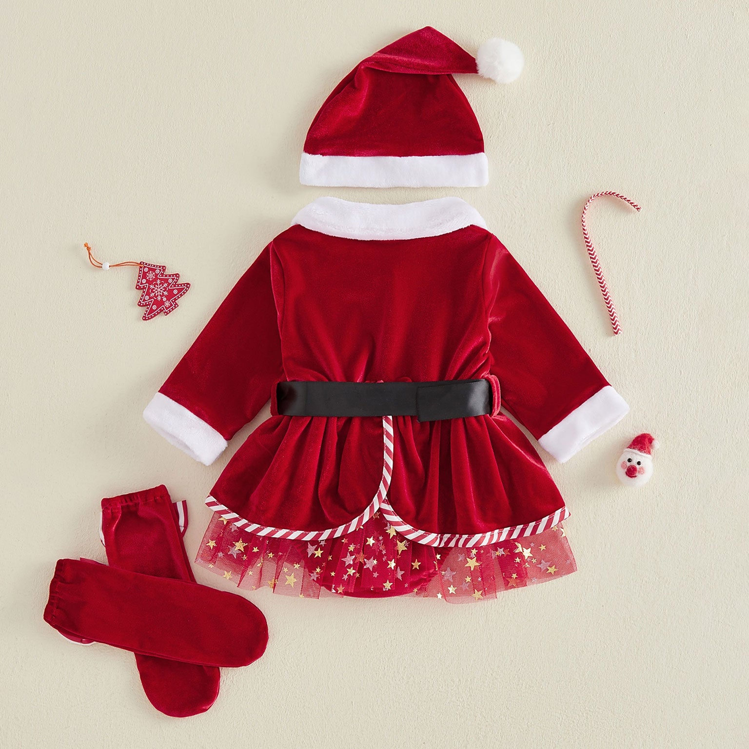 3PCS Christmas Santa Claus Printed Tulle Long Sleeve Baby Romper
