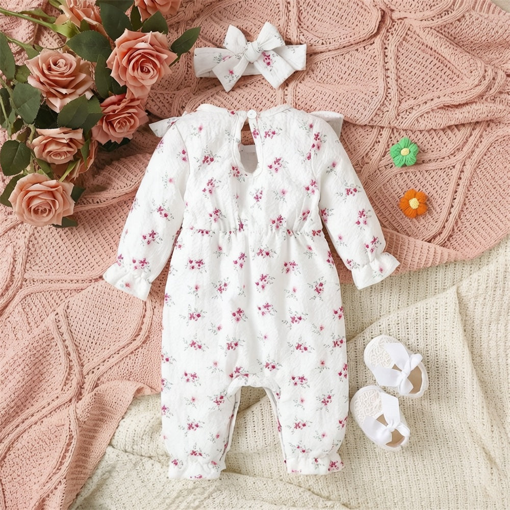 2PCS Cheerful Floral Print Ruffle Long Sleeve Baby Jumpsuit