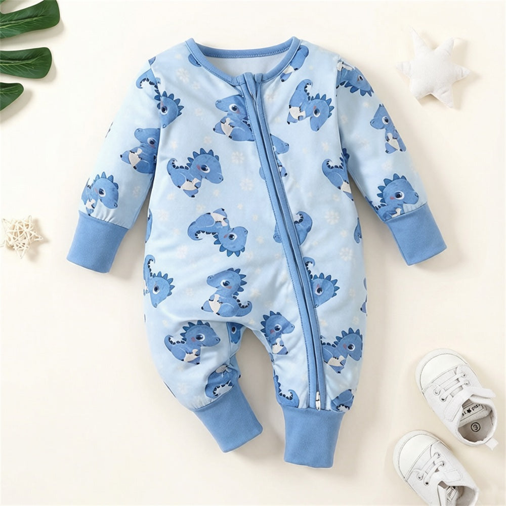 Casual Dinosaur Printed Long Sleeve Zipper Baby Boy Jumpsuit