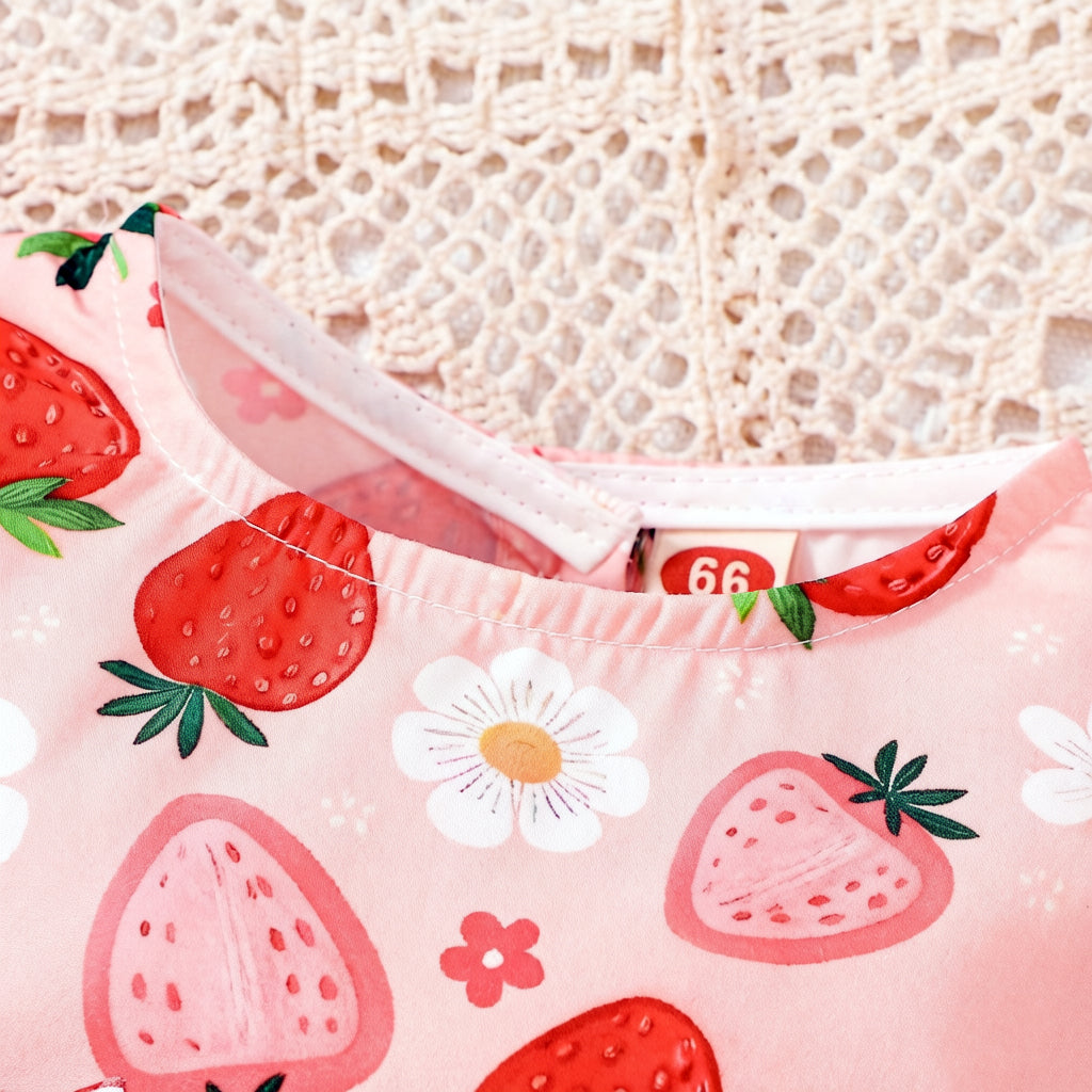Vibrant Strawberry & Floral Print Bow Flutter Sleeve Baby Romper