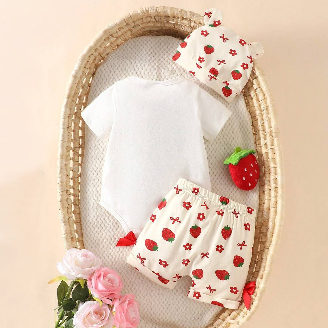 3PCS Lovely Strawberry & Floral Print Short Sleeve Baby Set