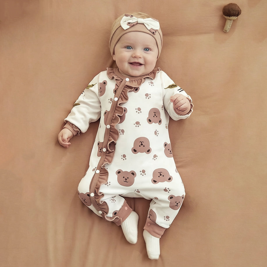 3PCS Adorable Bear & Paw Print Long Sleeve Baby Jumpsuit