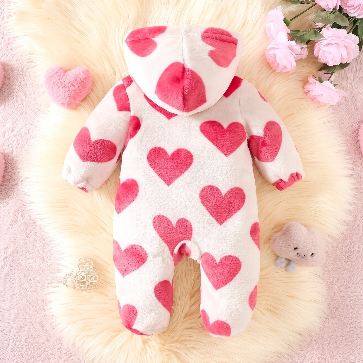 Cute Baby Girl Heart Print Fleece Hooded Zipper Jumpsuit