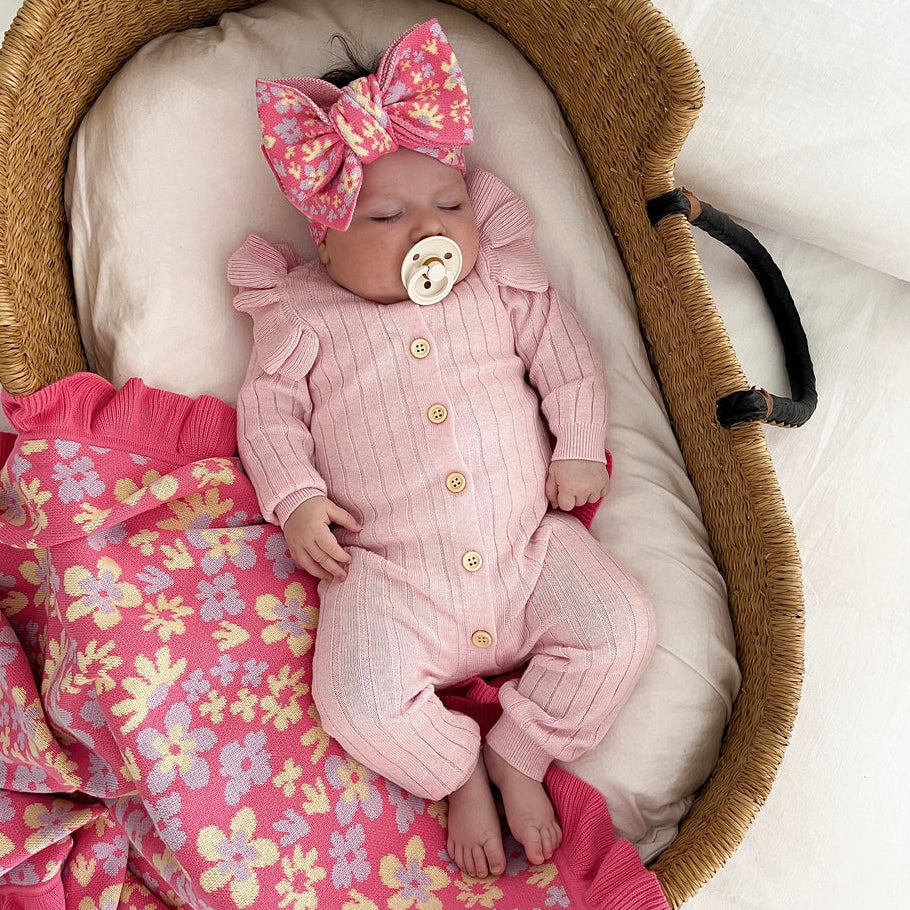 Comfy Solid Color Knit Rib Long Sleeve Baby Jumpsuit