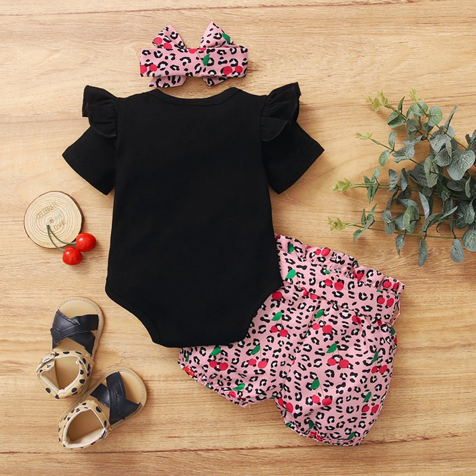3PCS Mama Mini Letter Leopard Print Short sleeve Baby Set
