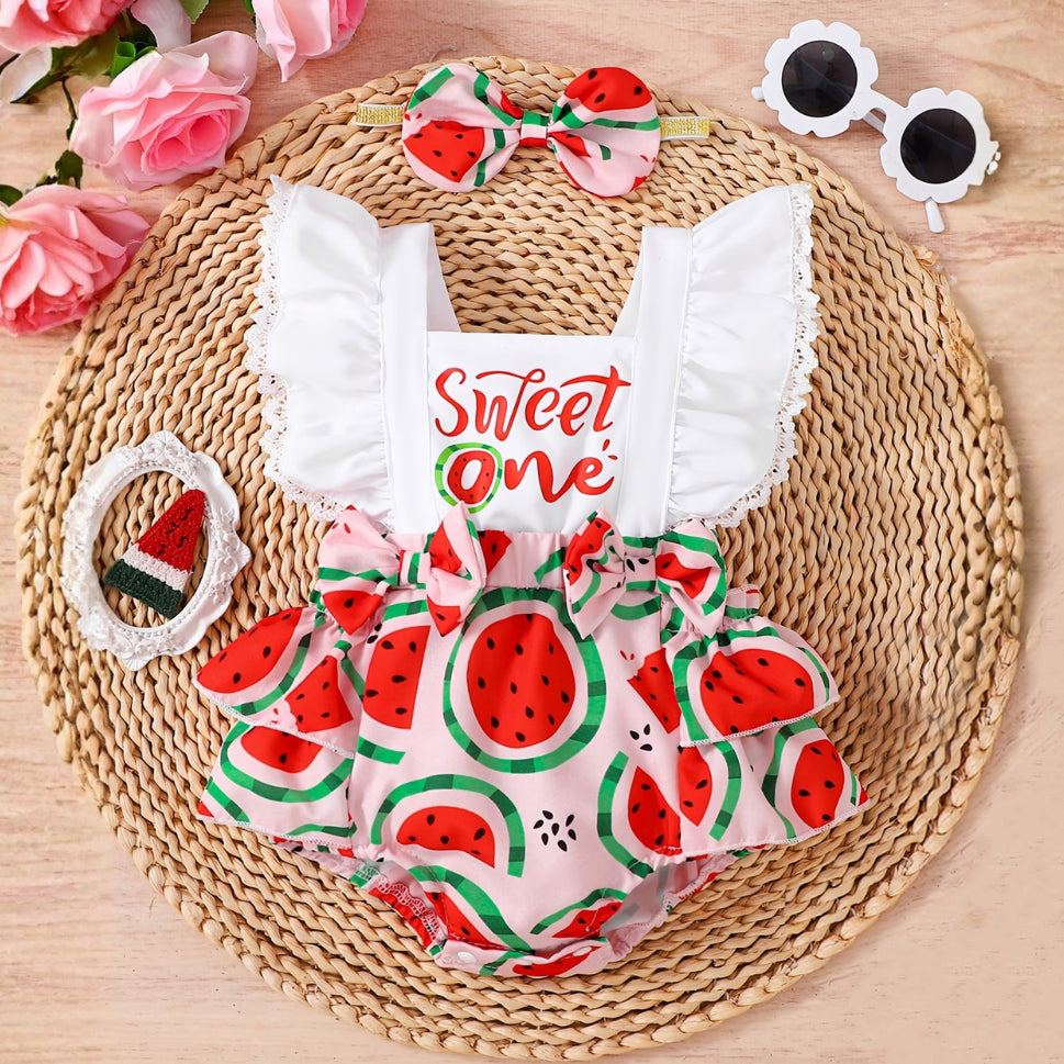 2PCS Sweet One Letter Watermelon Print Sleeveless Baby Romper