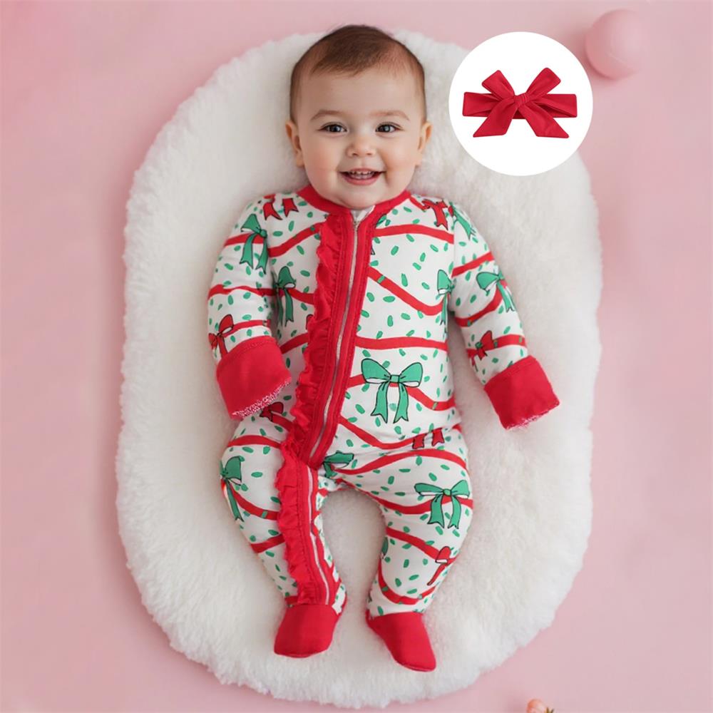 2PCS Christmas Bow Print Long Sleeve Baby Jumpsuit