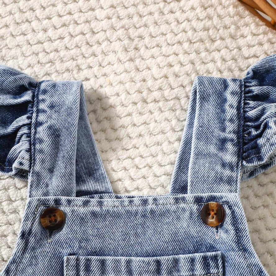 2PCS Bowknot Embroidery Denim Overalls Baby Set