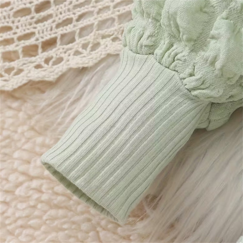 3PCS Stylish Floral Print Ribbed Bubble Sleeve Baby Set