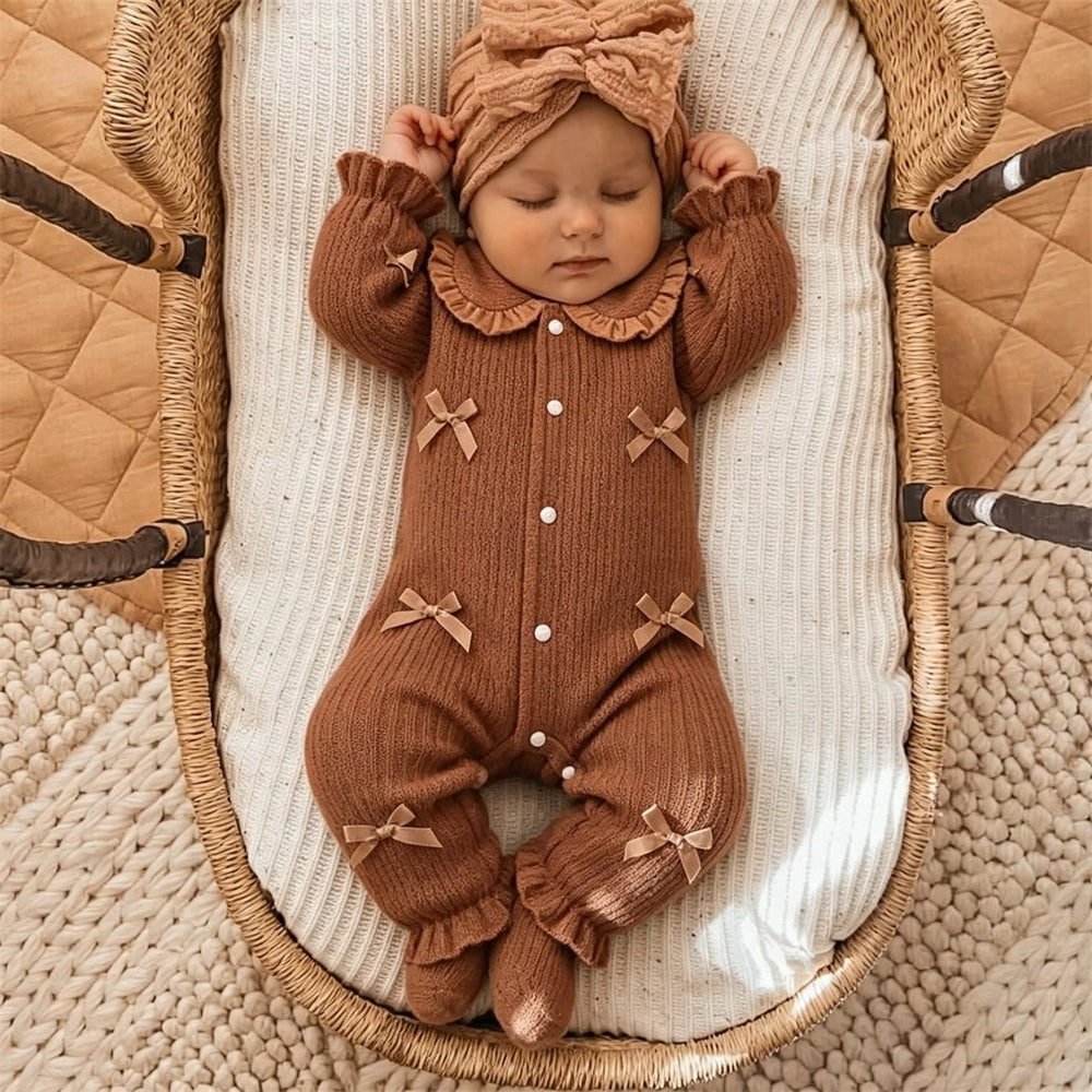 2PCS Lovely Solid Color Knit Bowknot Decor Baby Jumpsuit