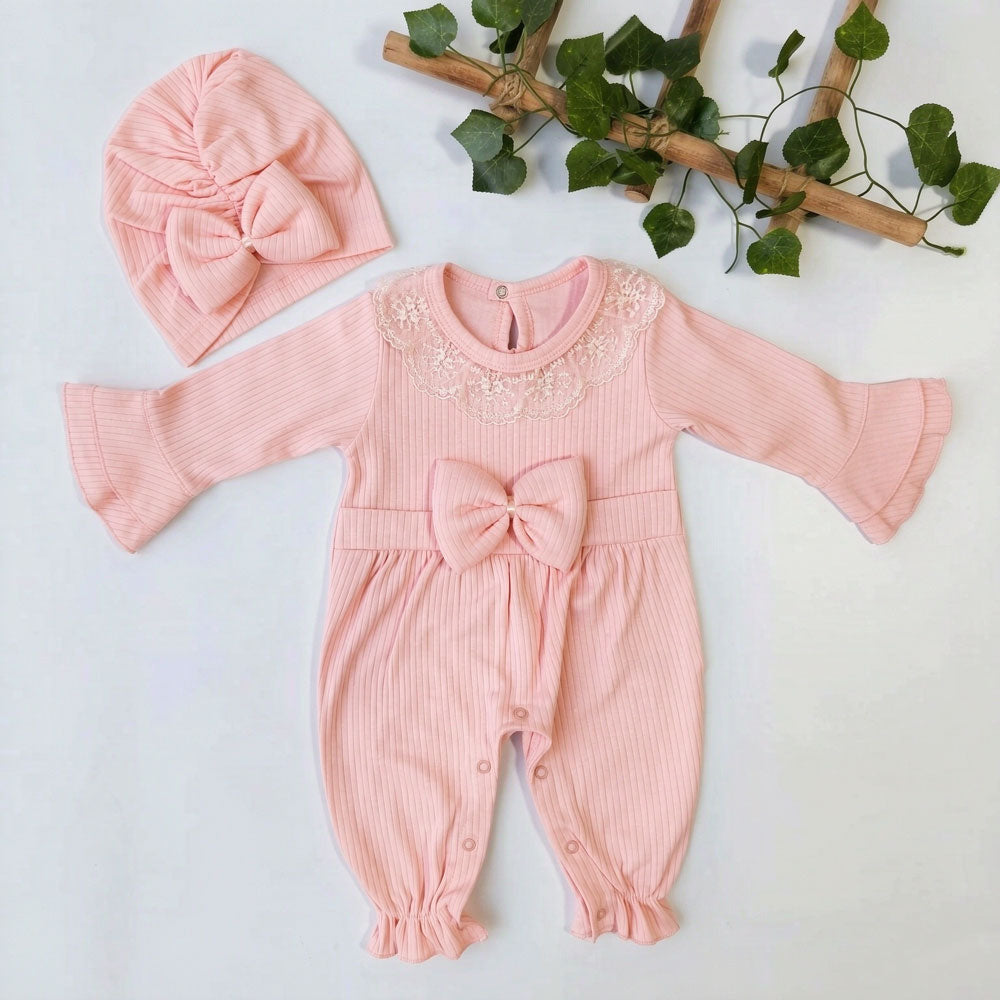 2PCS Sweet Solid Color Long Sleeve Baby Girl Jumpsuit