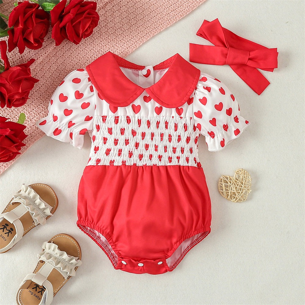 2PCS Cute Heart Printed Lapel Short Sleeve Baby Romper
