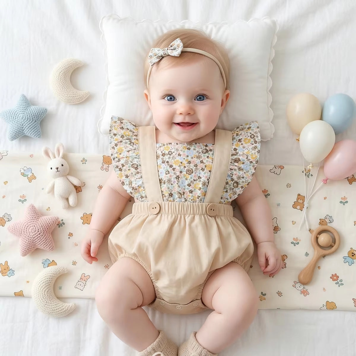 2PCS Grace Floral Print Flutter Sleeve Baby Girl Romper