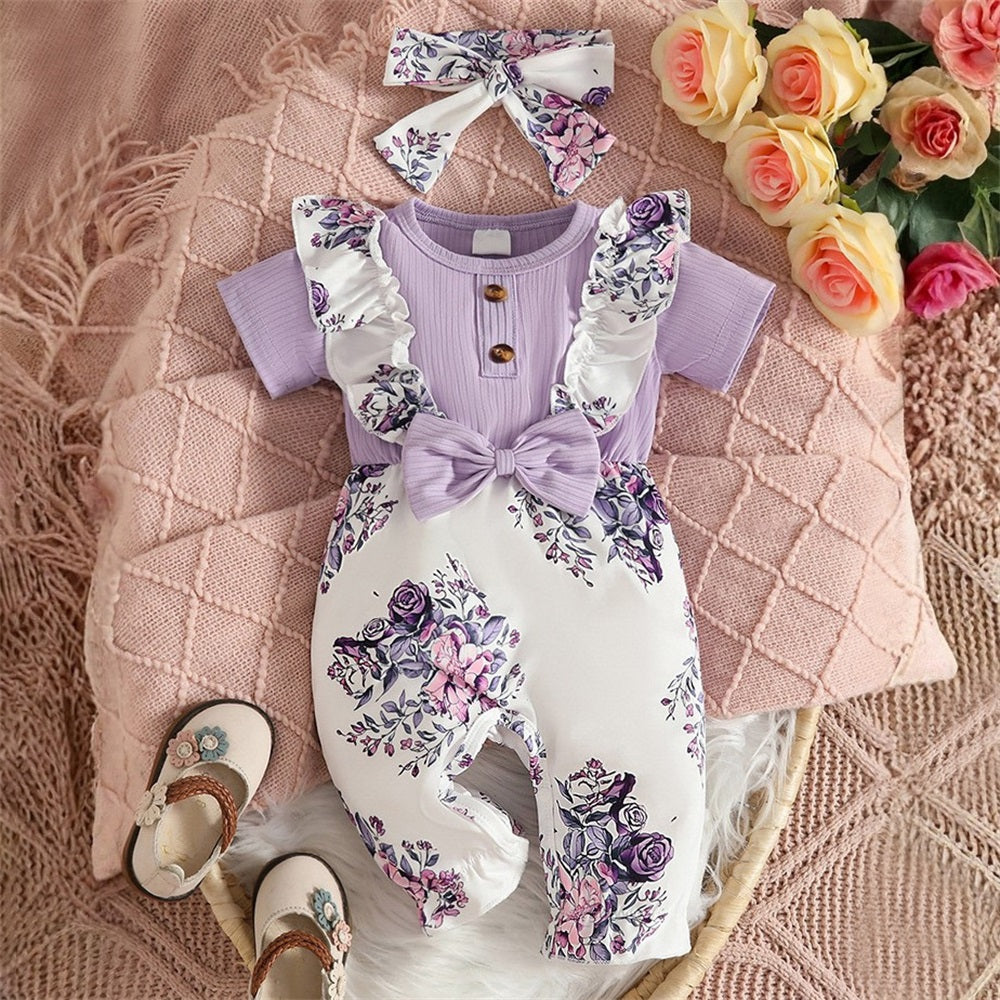 2PCS Elegant Floral Print Bow Short Sleeve Baby Jumpsuit