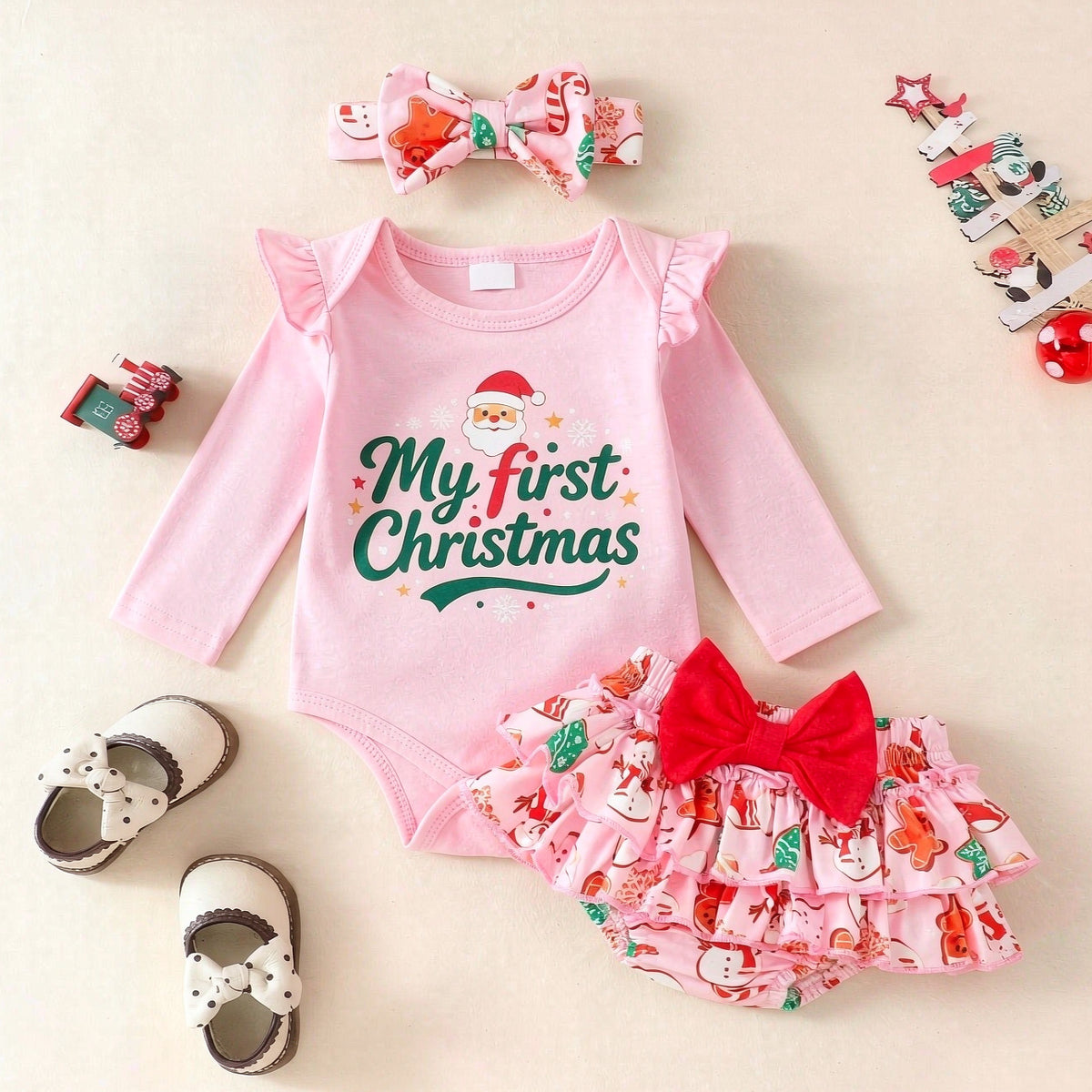 3PCS My First Christmas Letter Santa Gingerbread Print Baby Girl Set