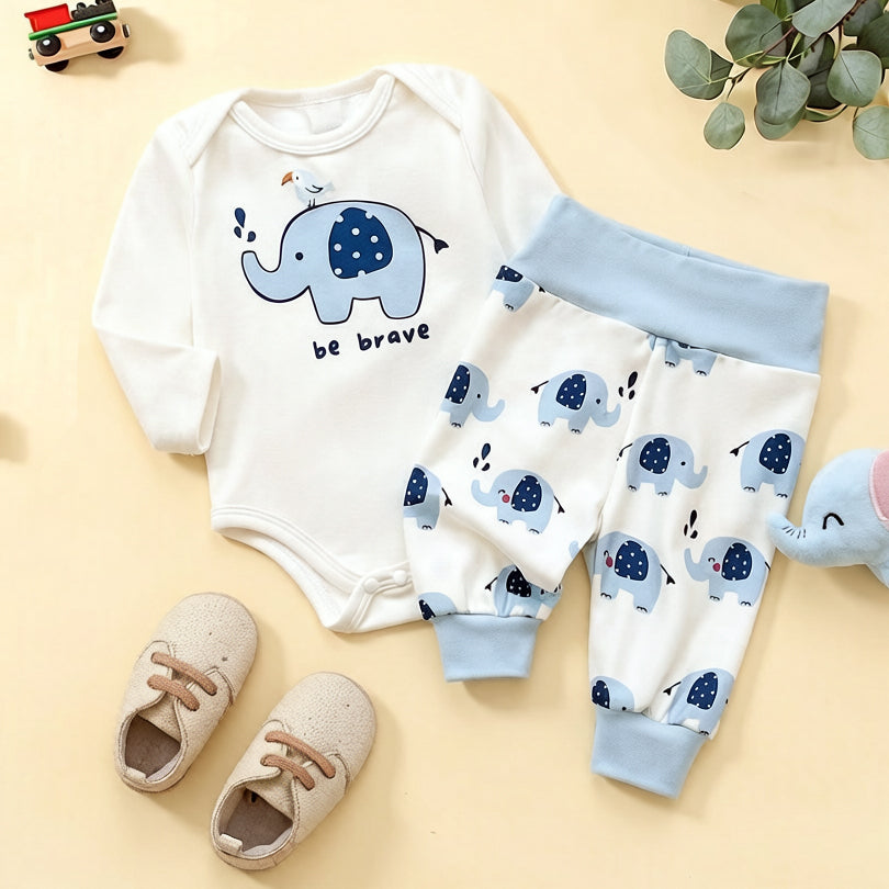 2PCS Cute Be Brave Letter Elephant Print Long Sleeve Baby Set