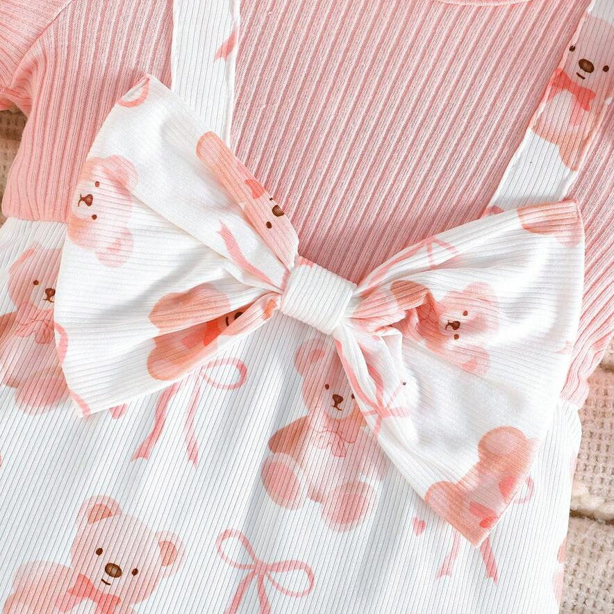 2PCS Cute Teddy Bear & Bow Print Short Sleeve Baby Jumpsuit