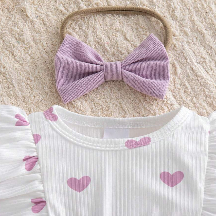 3PCS Lovely Heart Print Bow Long Sleeve Baby Girl Romper
