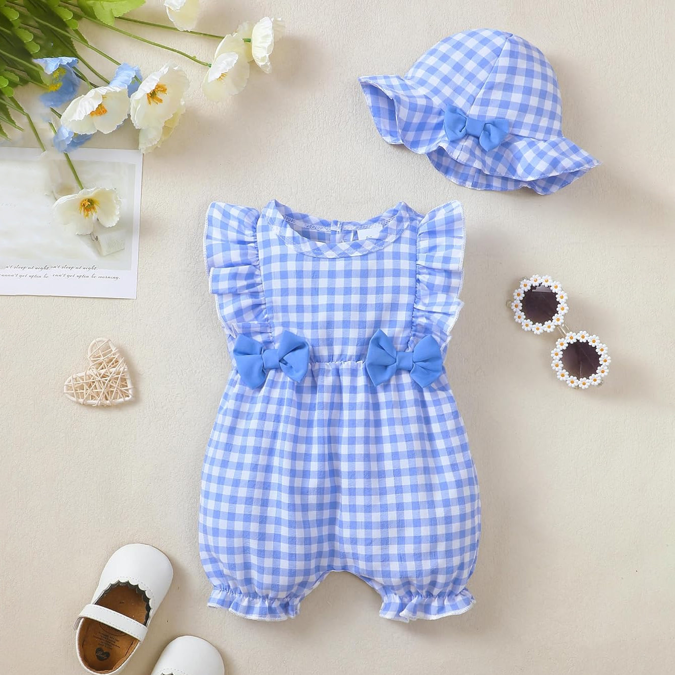 2PCS Blue Plaid Printed Sleeveless Baby Jumpsuit