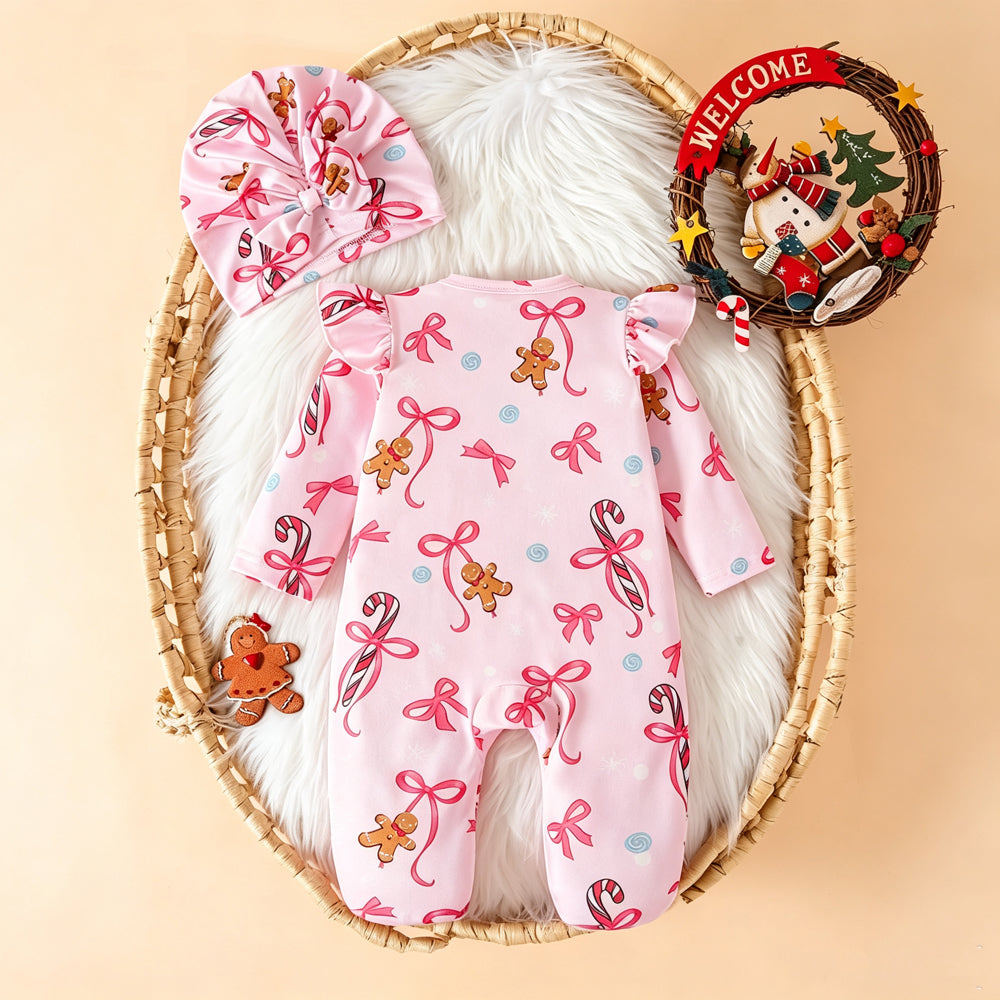 2PCS Gingerbread Man Bow Print Long Sleeve Baby Zipper Jumpsuit