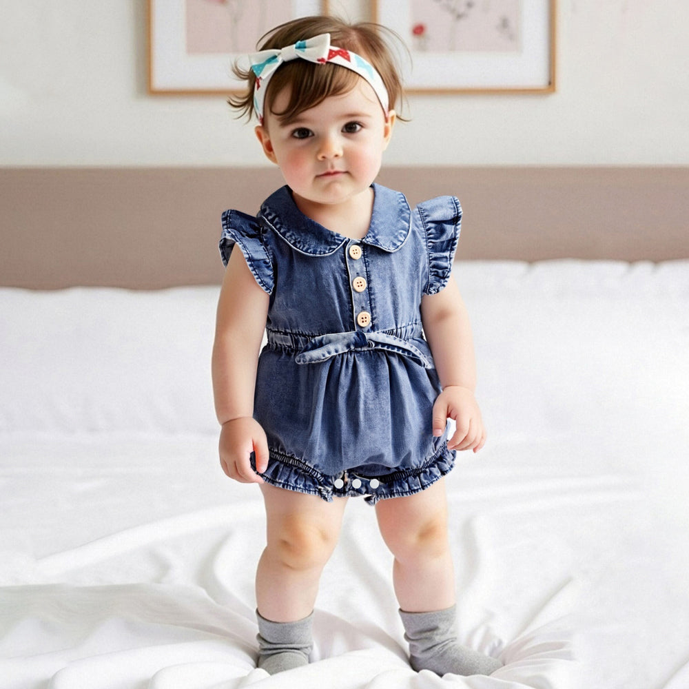 Western Cowgirl Solid Color Sleeveless Denim Baby Romper