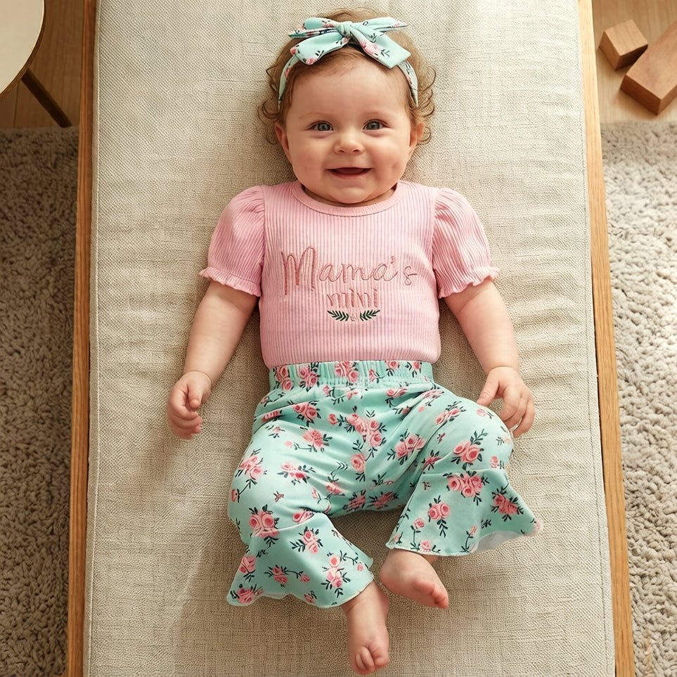 3PCS Mama's Mini Letter Floral Print Short Sleeve Baby Set