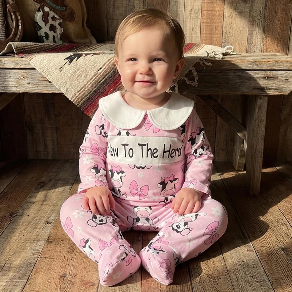 Lovely New To The Hero Letter Cow Printed Long Sleeve Baby Jumpsuit
