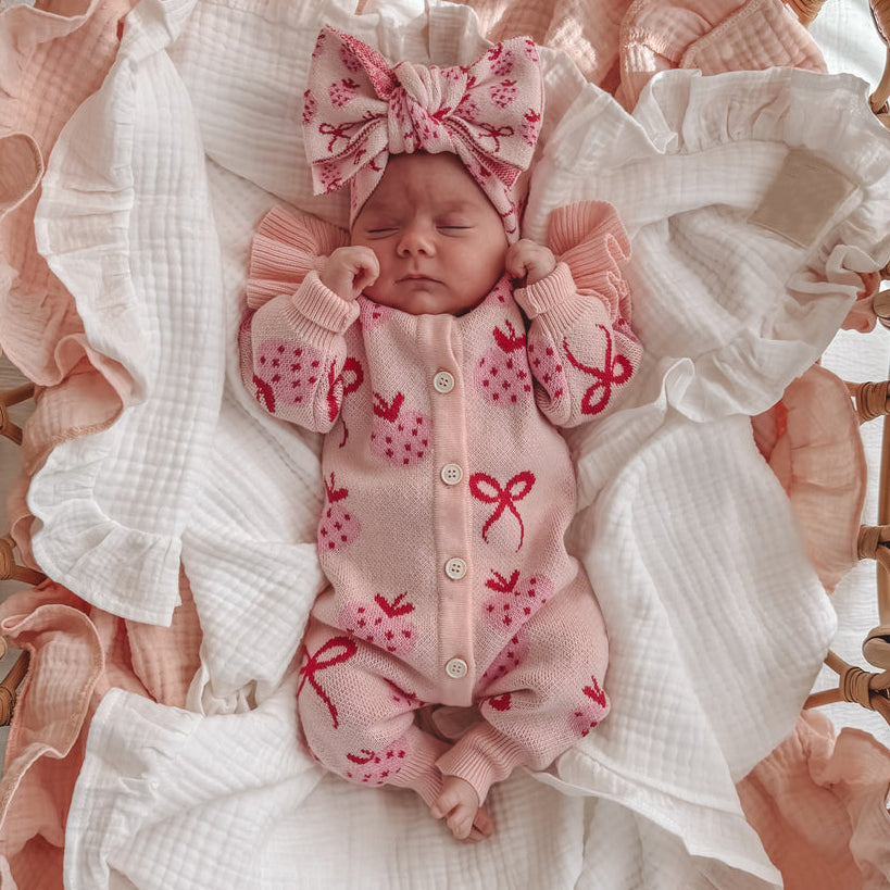 Soft Frill Knit Strawberry Bow Print Long Sleeve Baby Jumpsuit