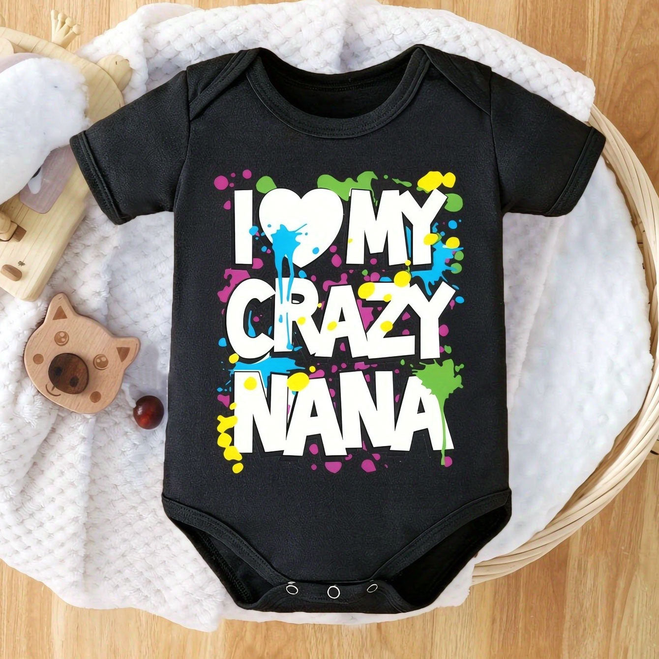 I Love Crazy Nana Letter Graffiti Splash Printed Short Sleeve Romper