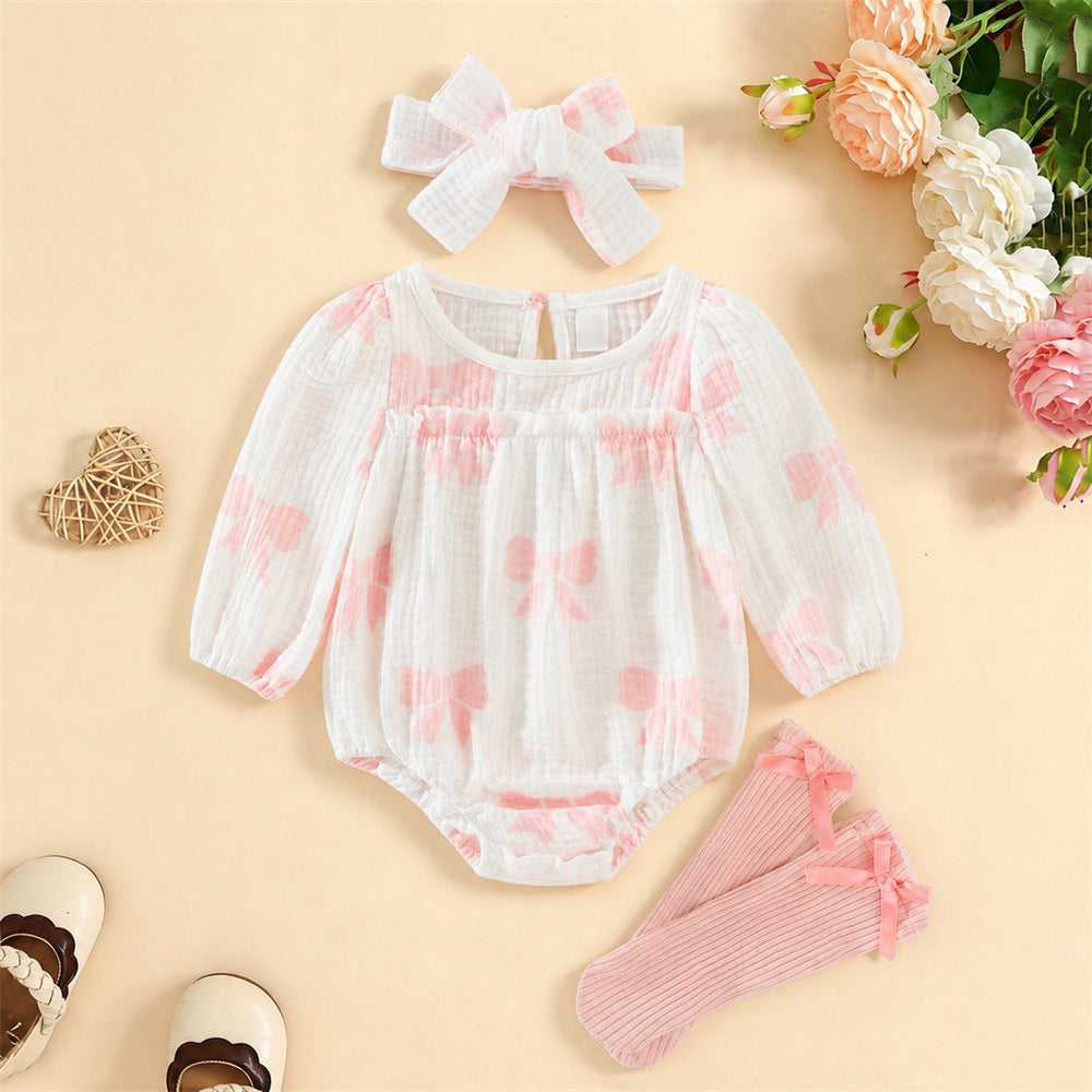 3PCS Refined Bow Printed Long Sleeve Baby Girl Romper