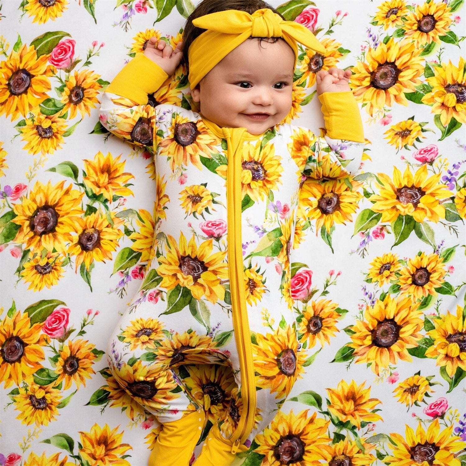 2PCS Sunflower Printed Zipper Bamboo Viscose Baby Jumpsuit
