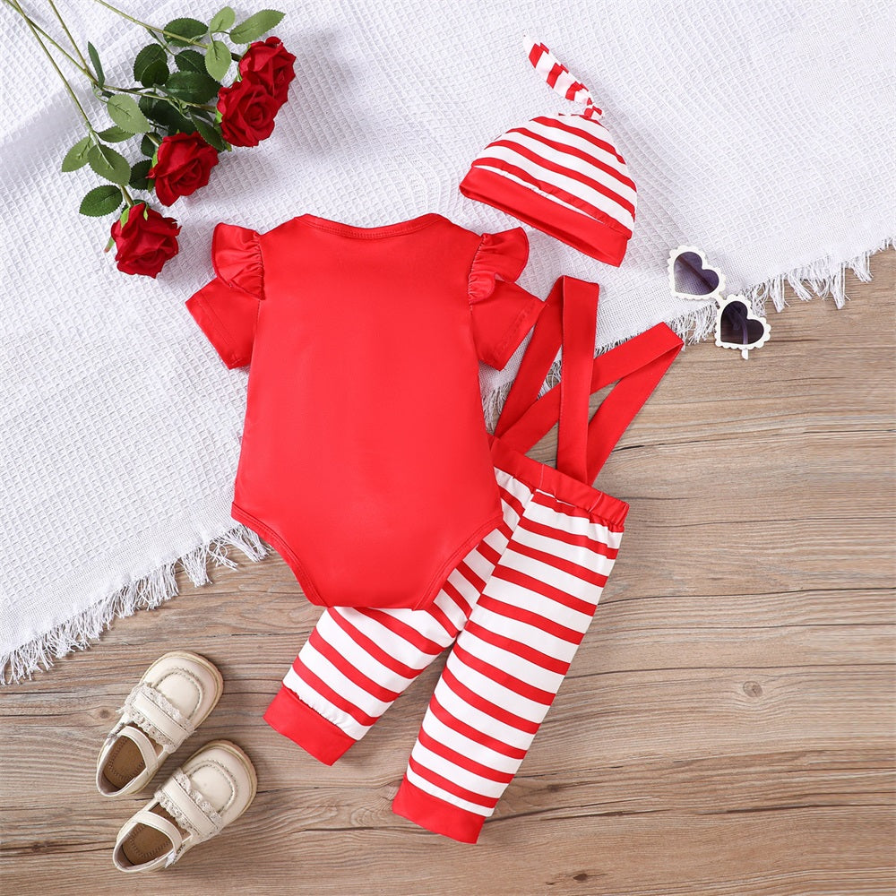 3PCS Little Love Letter Print Striped Short Sleeve Baby Set