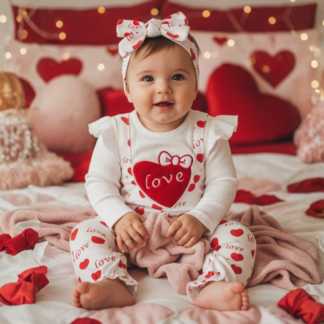2PCS Cute Love Letter Heart Printed Long Sleeve Baby Jumpsuit